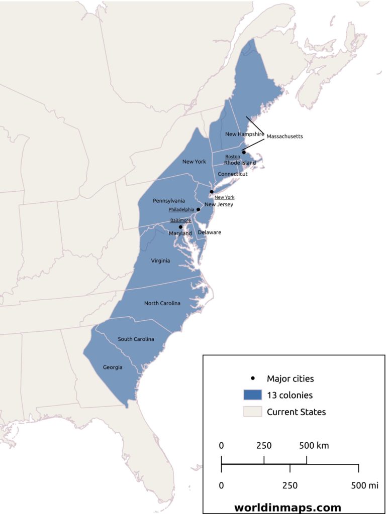 map of the 13 colonies