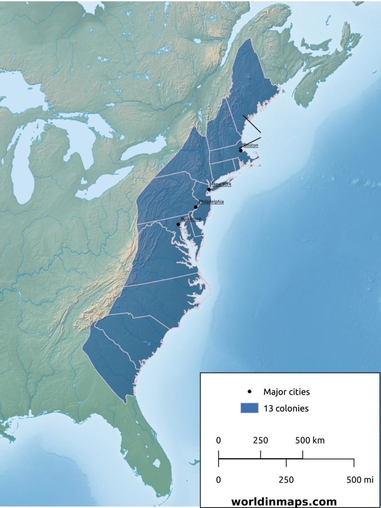 Map of the 13 colonies that are located between the Atlantic and the Appalachians
