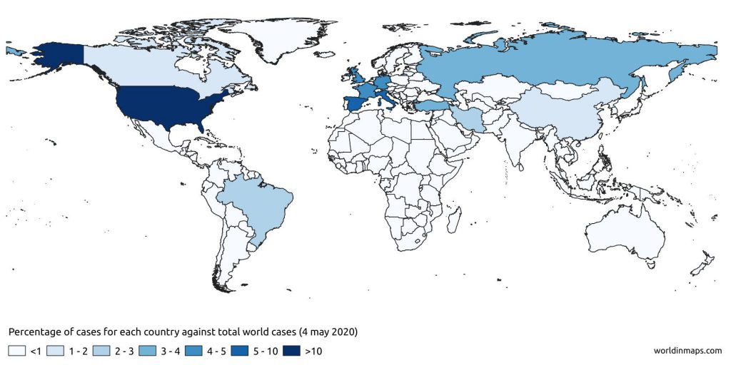 coronavirus percentage for each country of the world cases