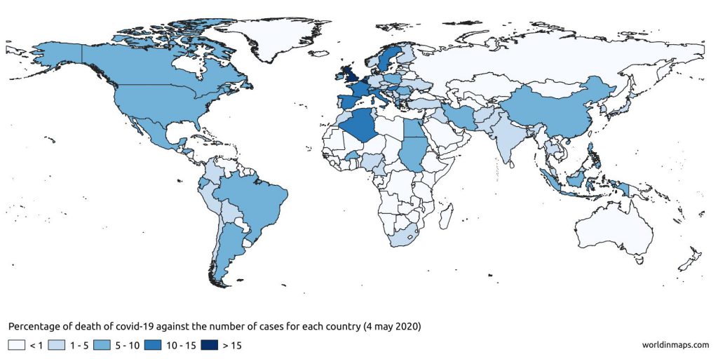 percentage of death for covid-19 for each country
