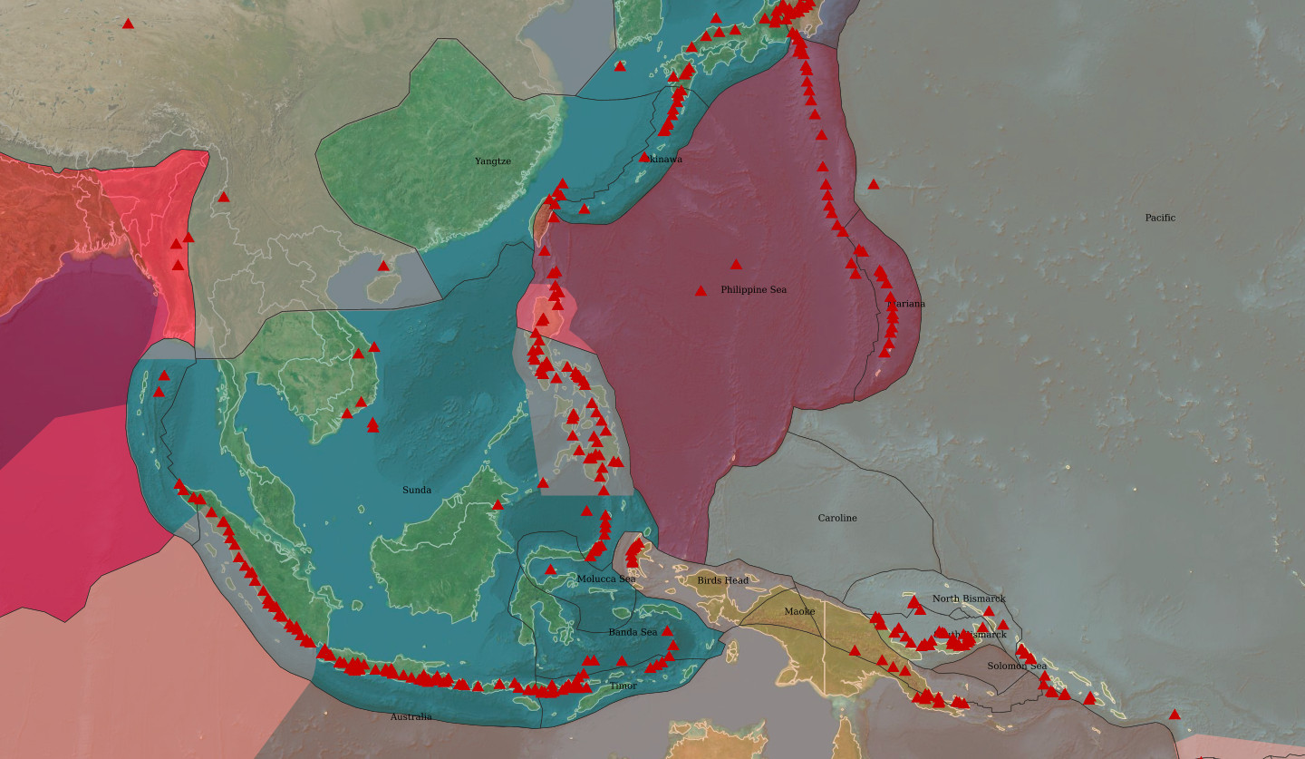 volcanoes and tectonic plates in South East Asia