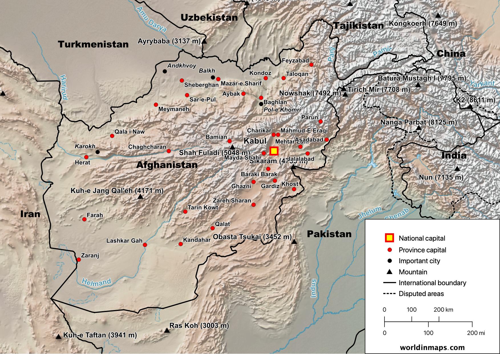 Physical map of Afghanistan