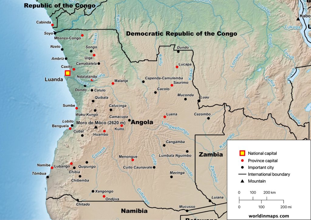 Physical map of Angola