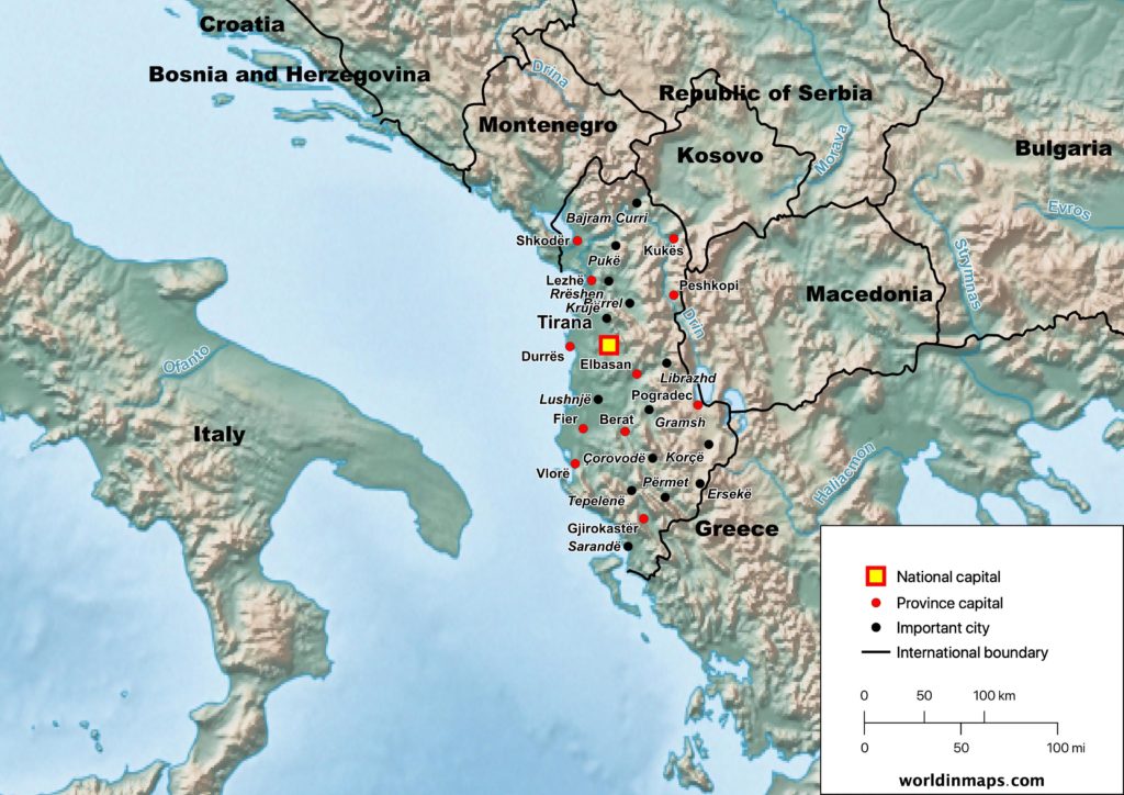 Physical map of Albania