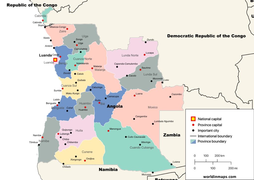 Political map of Angola with provinces and their capitals