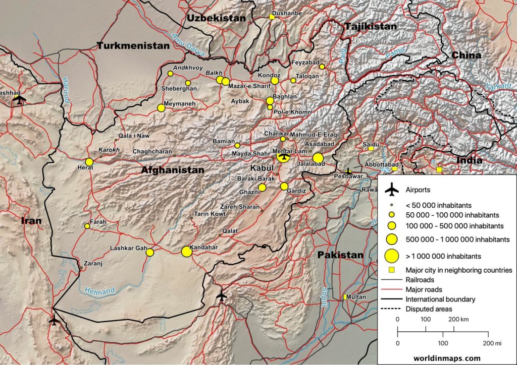 Cities, Railroads and road map of Afghanistan