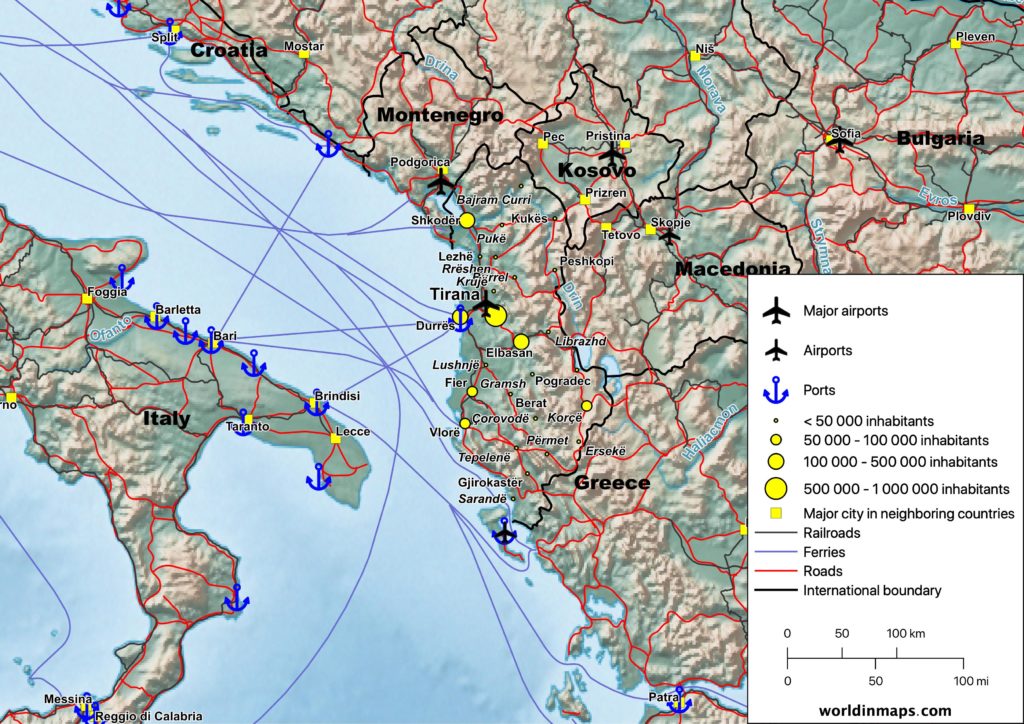 Cities, railroads, roads and ferries map of Albania