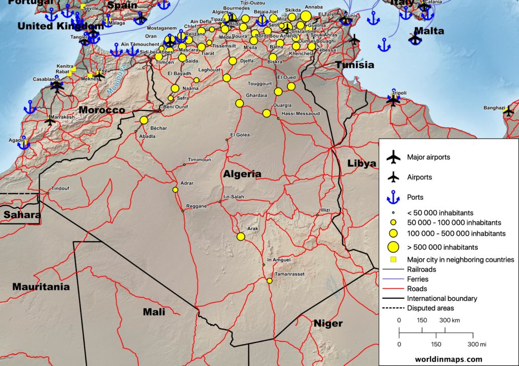 Cities, airports, ports, railroads, ferries and road map of Algeria