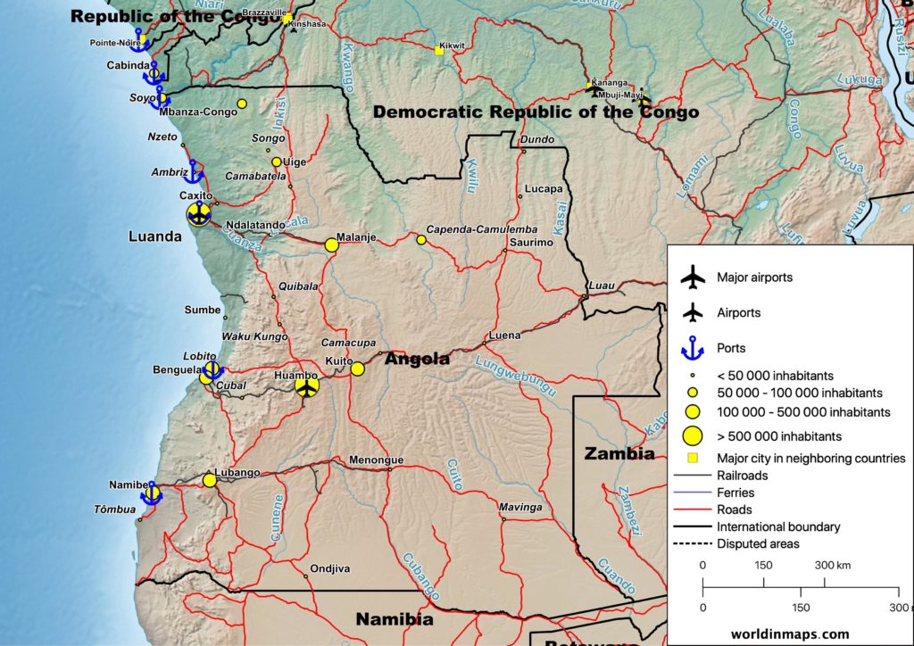 Cities, airports, ports, railroads, ferries and road map of Angola