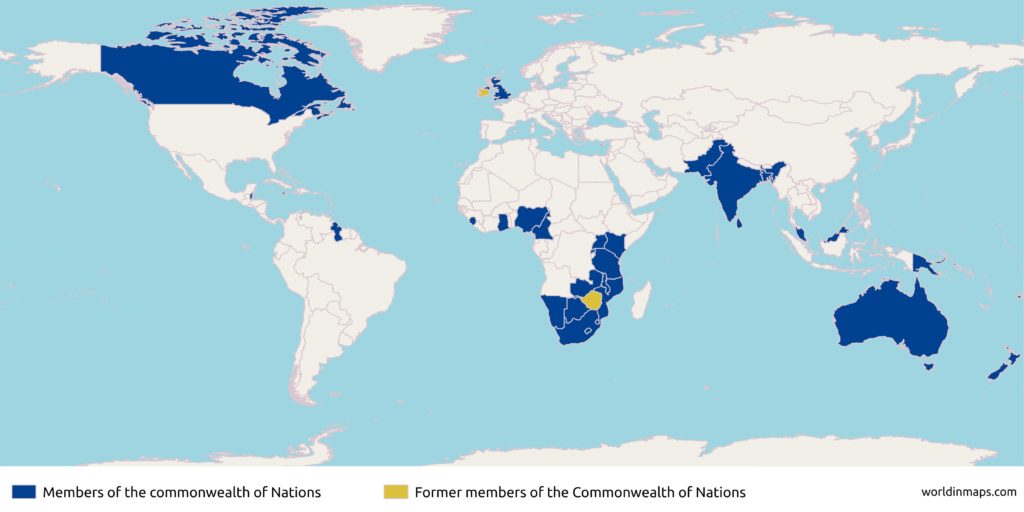 world map with the members of the Commonwealth of Nations