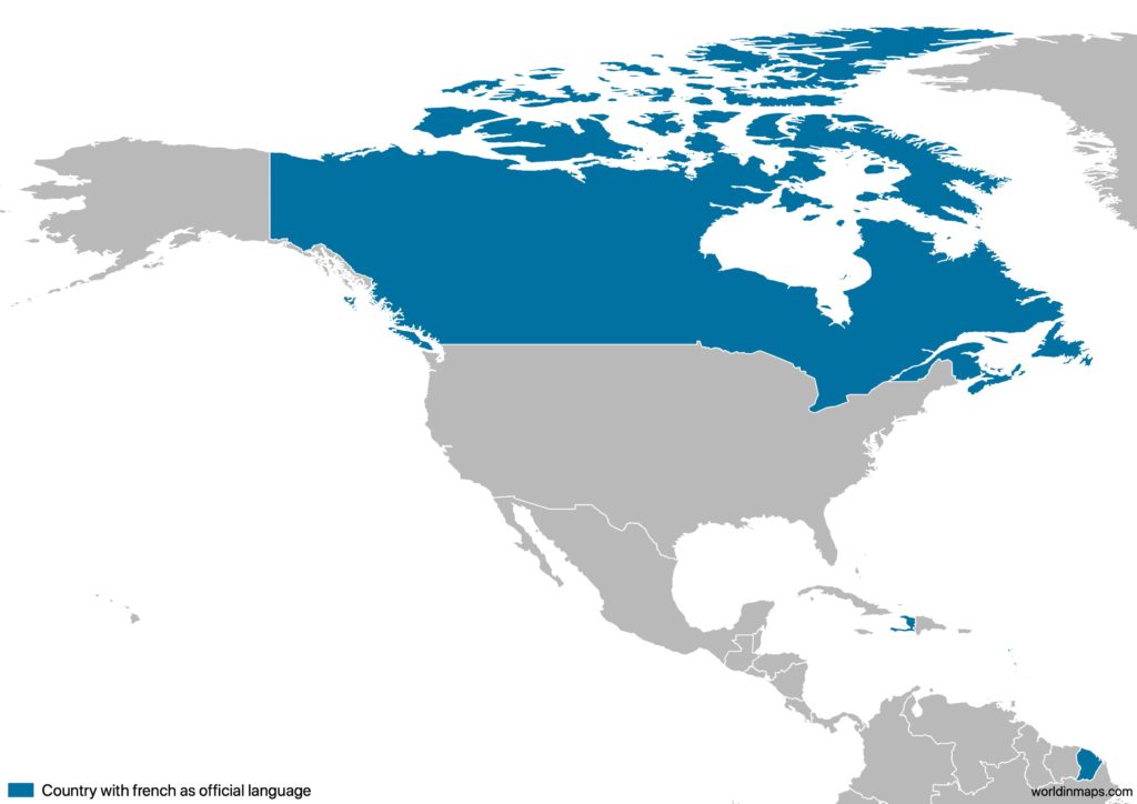 Map of the countries in North America with french as official language