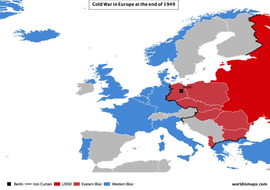 Cold war map of Europe after the civil war in Greece (end 1949)