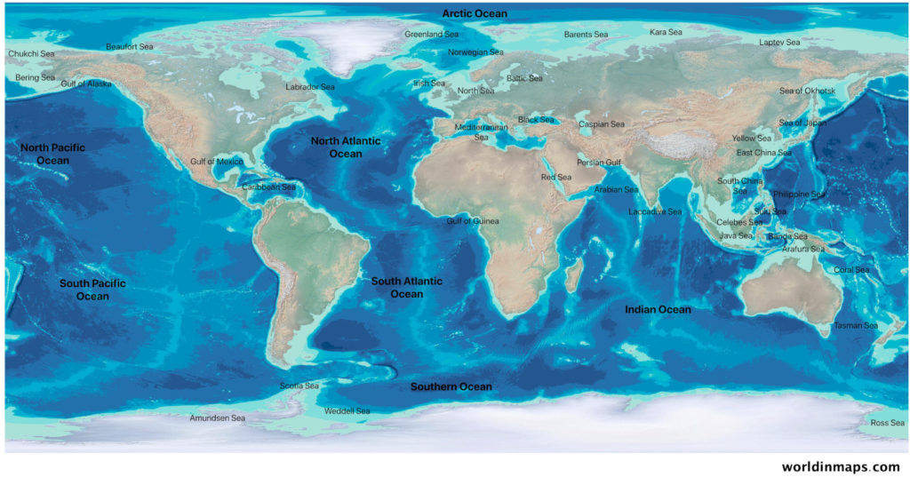 world ocean and major water bodies map