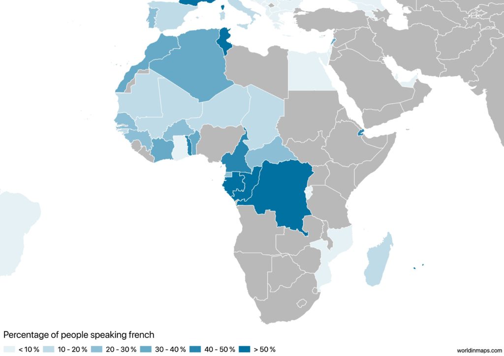 Map of Africa with the percentage of people speaking french for each country