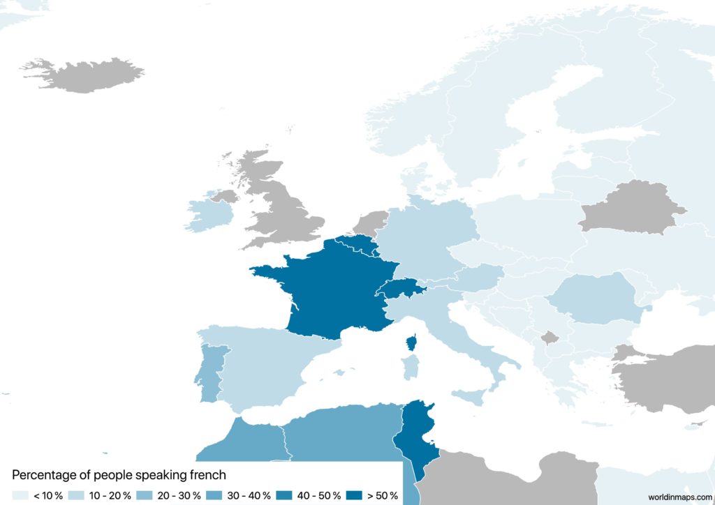 Map of Europe with the percentage of people speaking french for each country