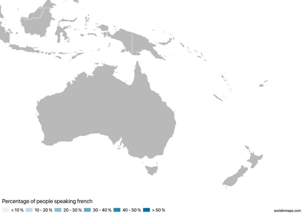 Map of Oceania with the percentage of people speaking french for each country
