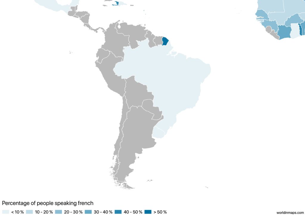 Map of South America with the percentage of people speaking french for each country