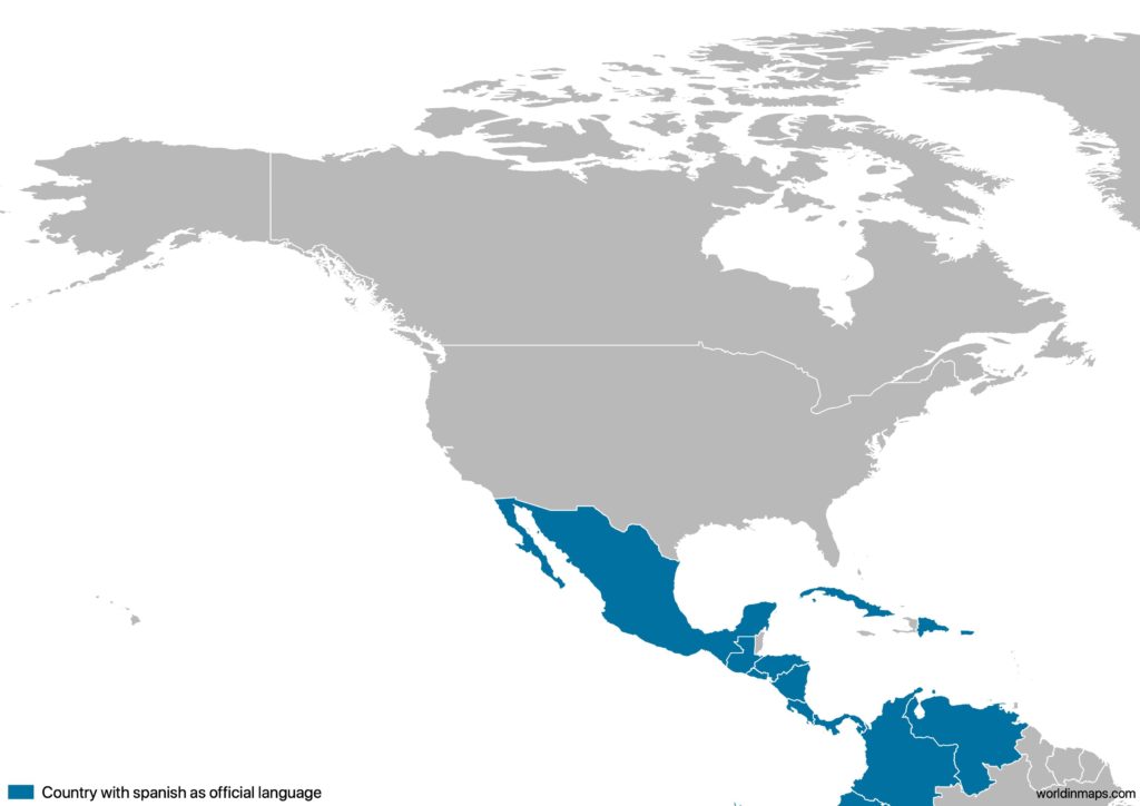 Map of the countries in North America with Spanish as official language
