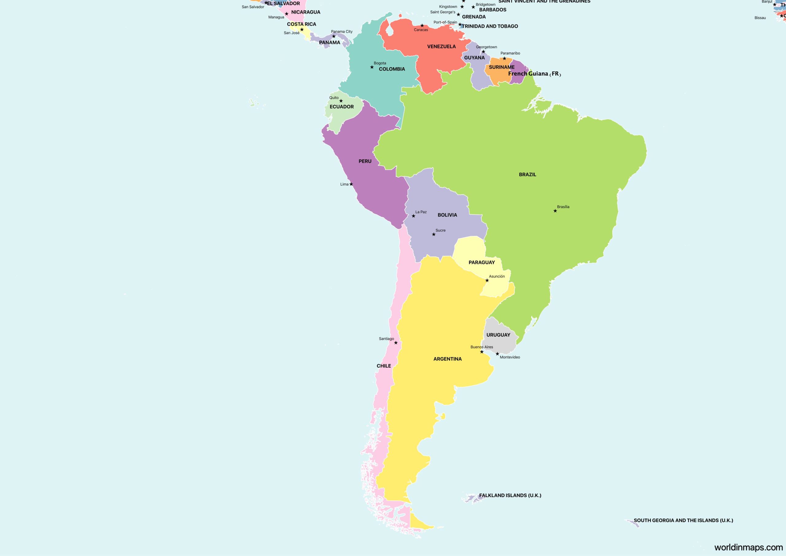 Map Of South American Countries With Capitals South America - World In Maps