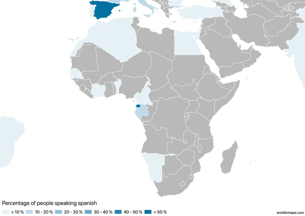 Map of Africa with the percentage of people speaking Spanish for each country