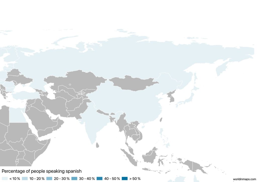 Map of Asia with the percentage of people speaking Spanish for each country