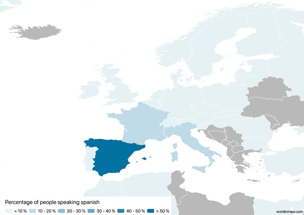 Map of Europe with the percentage of people speaking Spanish for each country