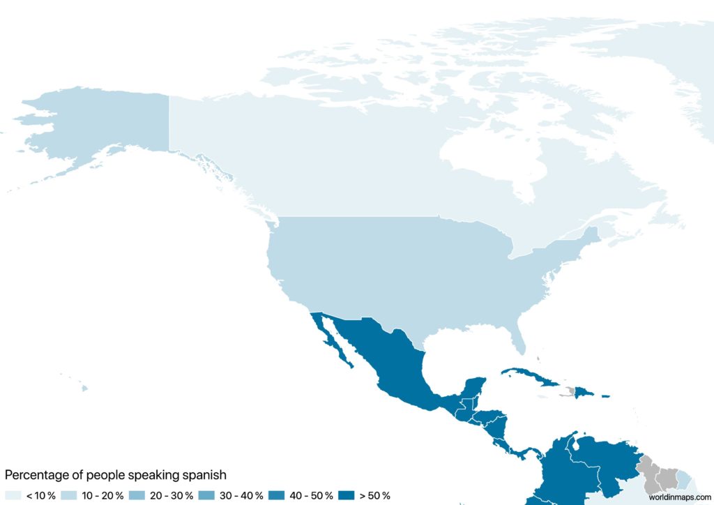 Map of North America with the percentage of people speaking Spanish for each country