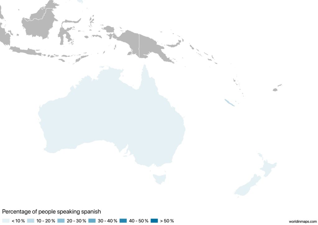 Map of Oceania with the percentage of people speaking Spanish for each country