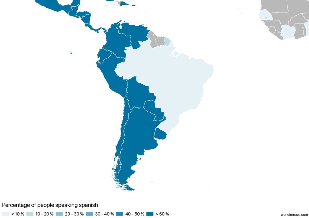 Map of South America with the percentage of people speaking Spanish for each country