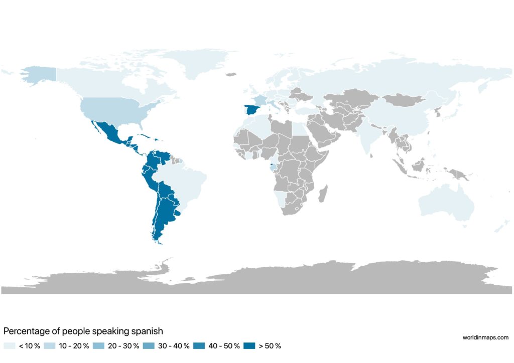 world map with the percentage of people speaking Spanish