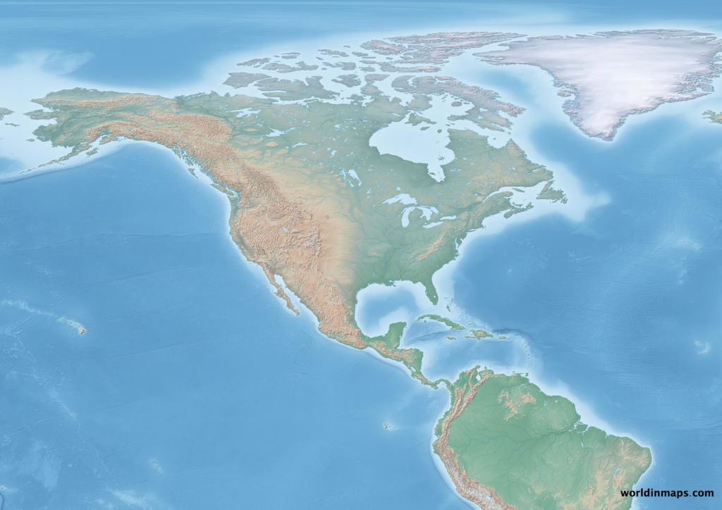 Physical map of North America