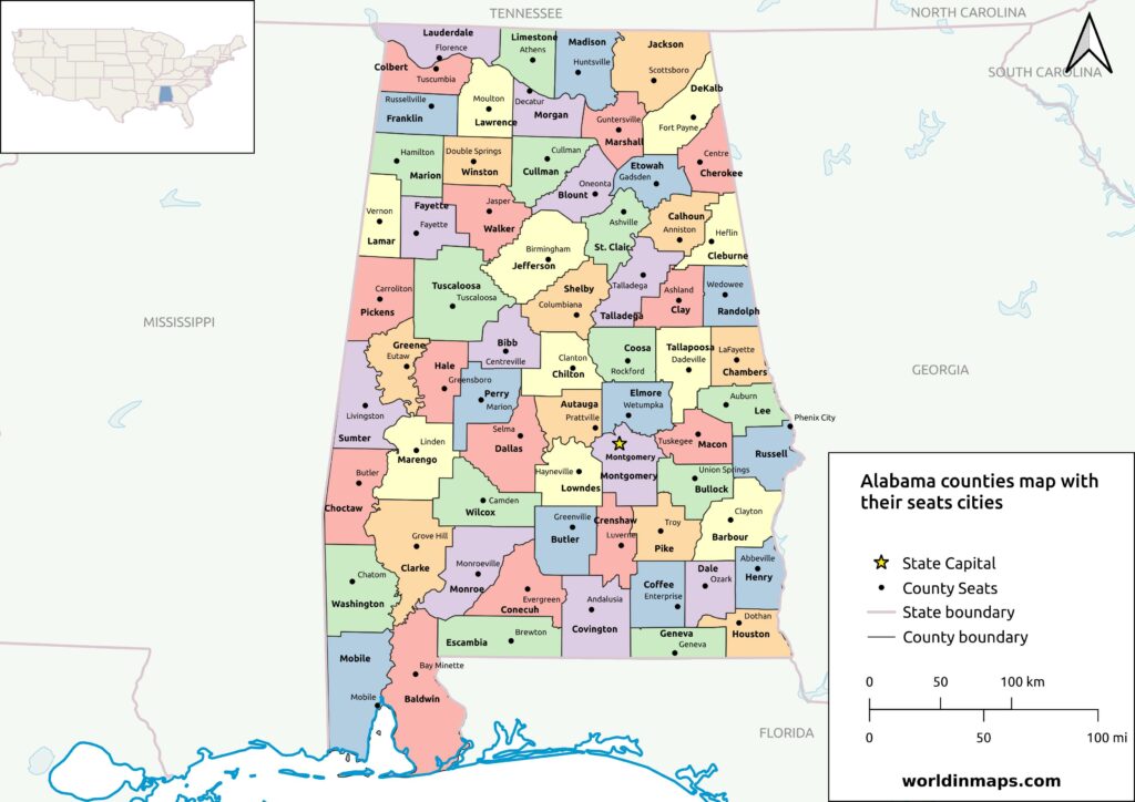Alabama counties map with county seat cities