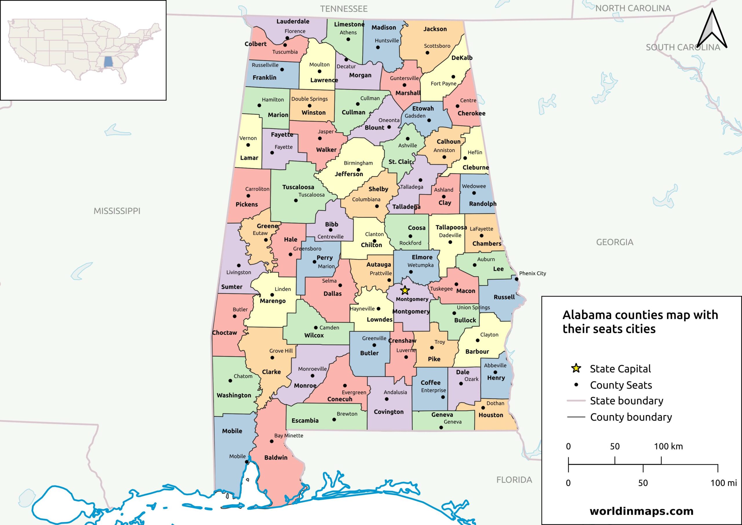 Alabama Counties Map With County Seat Cities Scaled 