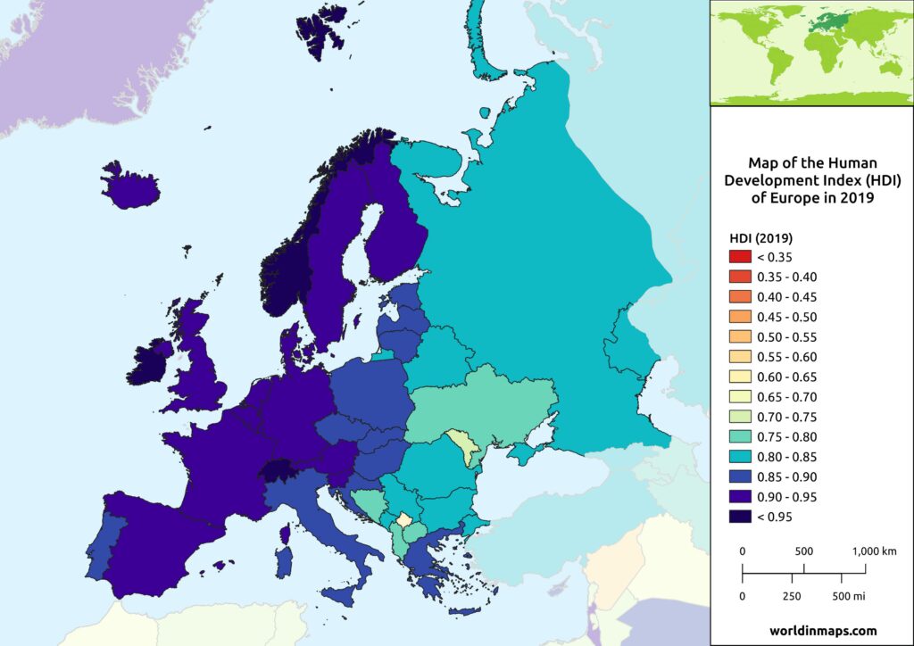 Map of the Human Development Index (HDI) of Europe in 2019