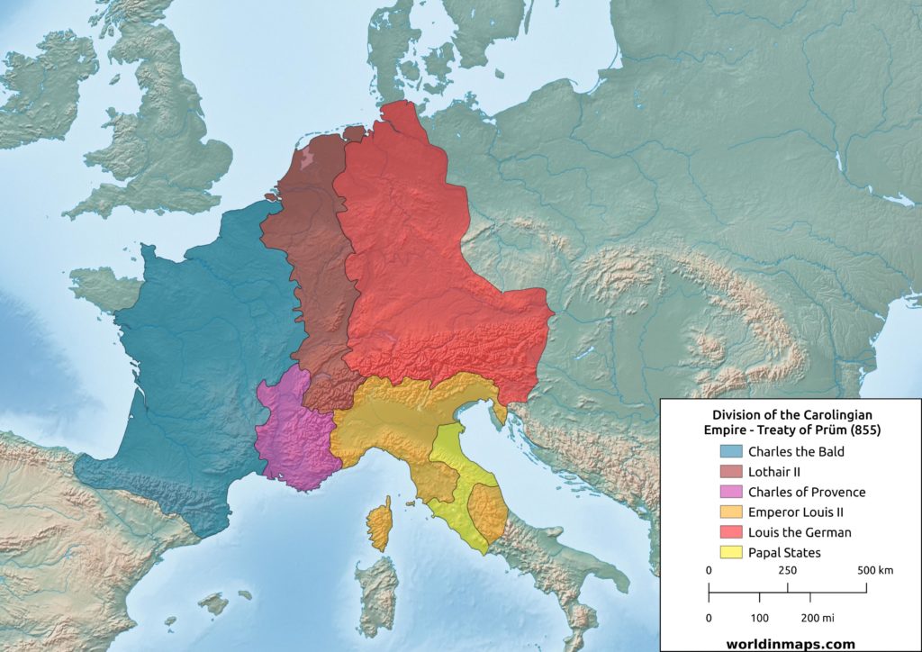 Map of the division of the Carolingian  - Treaty of Prüm (855)