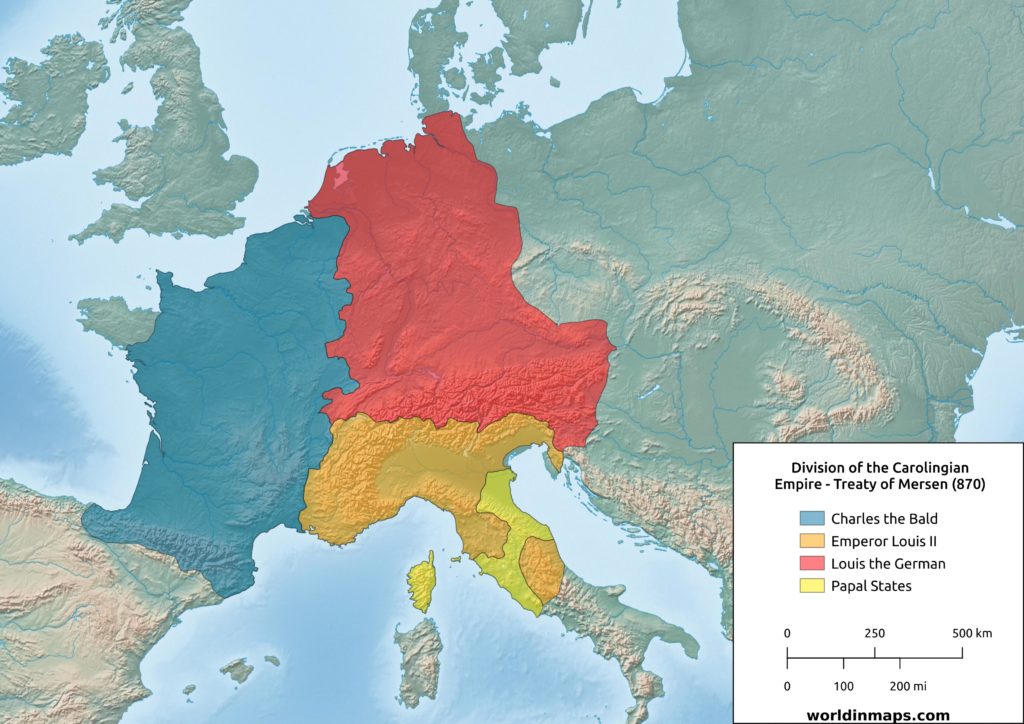 Map of the division of the Carolingian empire - Treaty of Mersen (870)