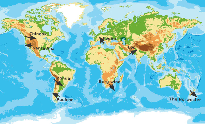 Maps main Foehn winds in the world