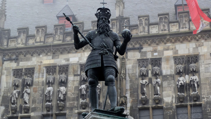 Monument of Charlemagne standing at the market place in the center of Aachen