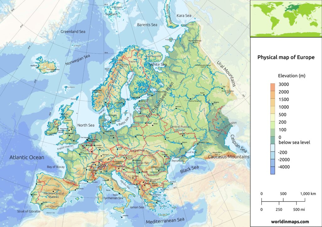 Physical map of Europe