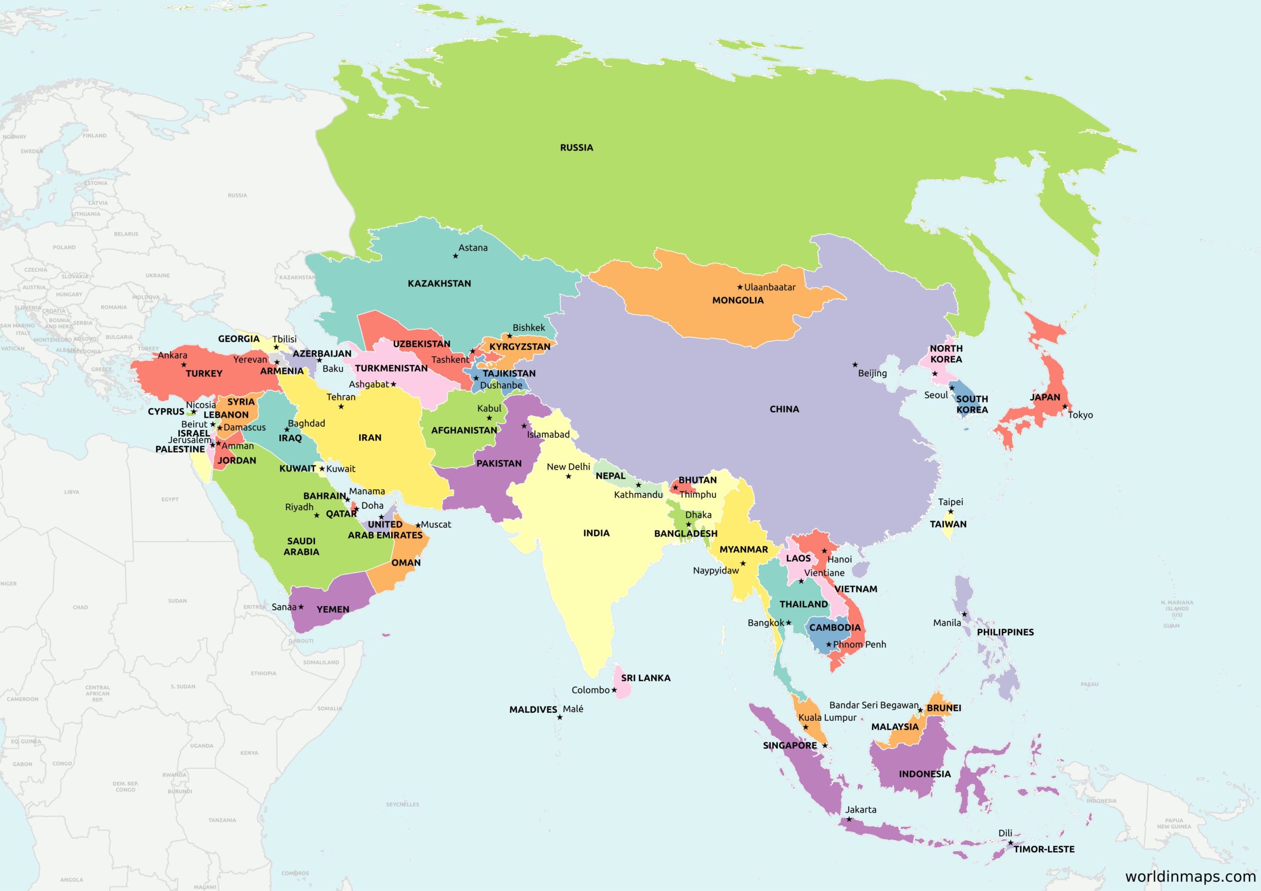 World Map Asia Countries 