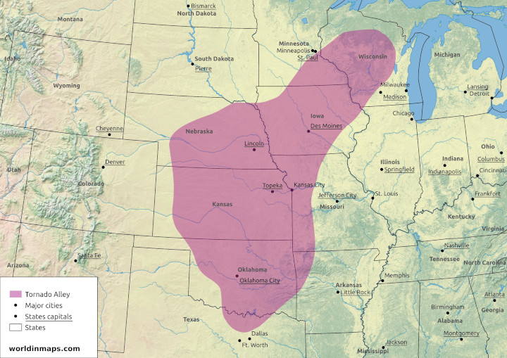 Tornado Alley map with states and with cities