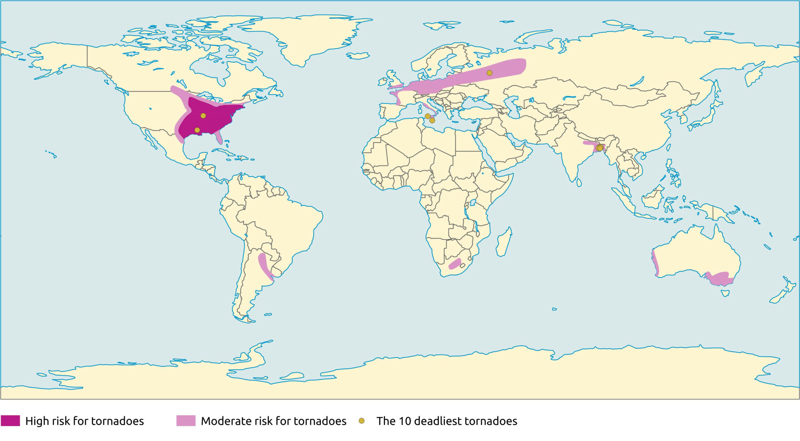 Tornado risk map of the world and of the 10 deadliest tornadoes in the world