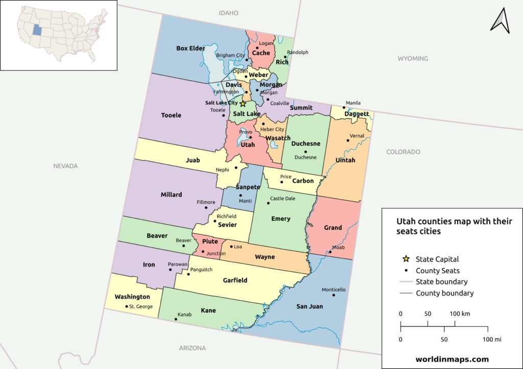 Utah counties map with county seat cities