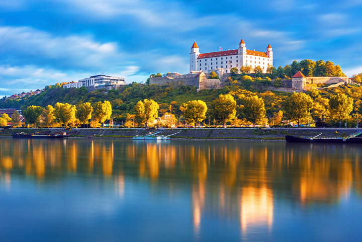 View on Bratislava castle and old town over the Danube river in Bratislava
