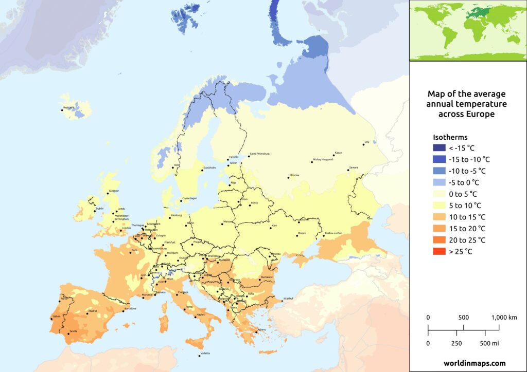 Map of the average annual temperature across Europe