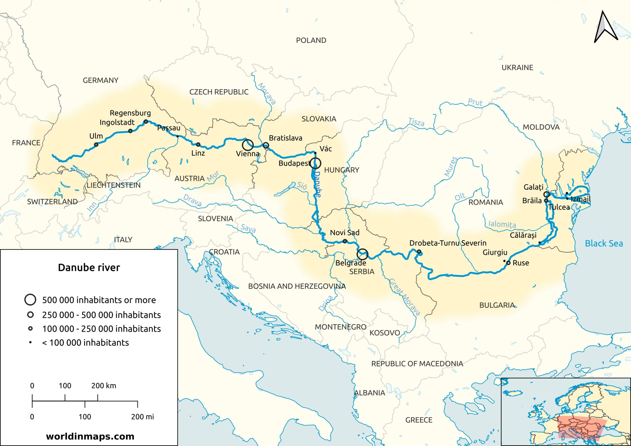 danube river map and cities