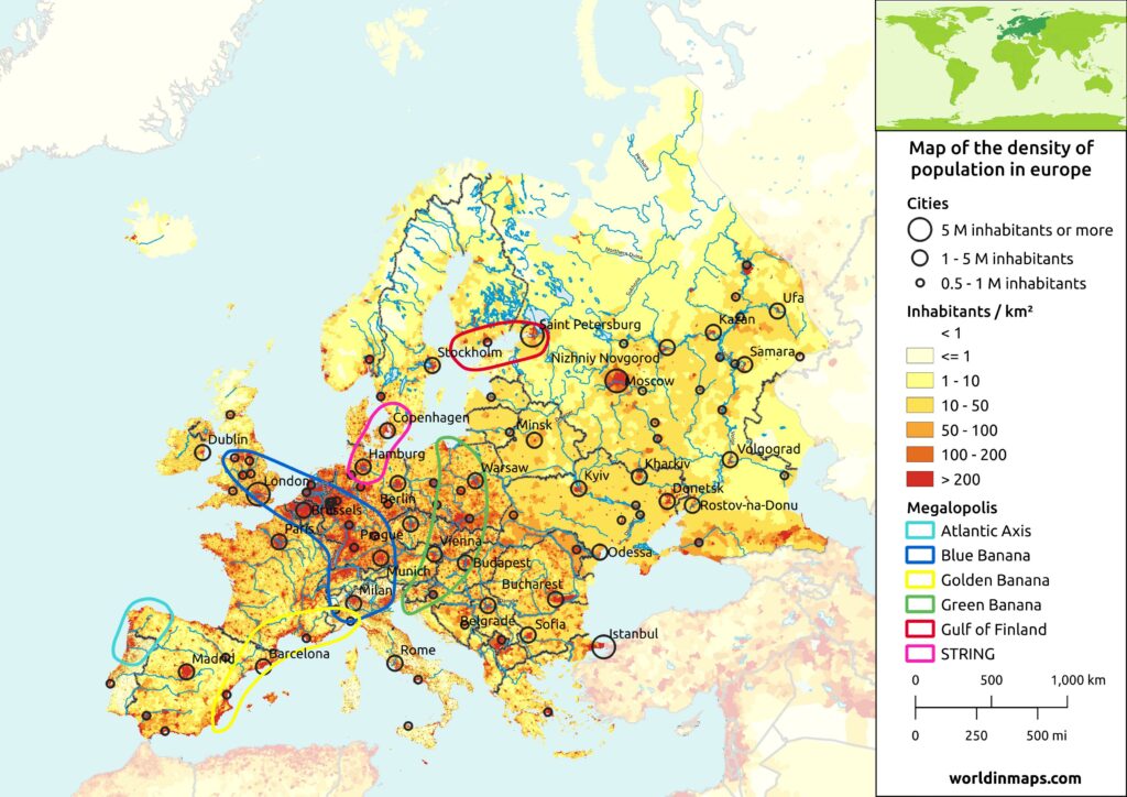 Map of the density of population of Europe with cities and megalopolis (megaregions)