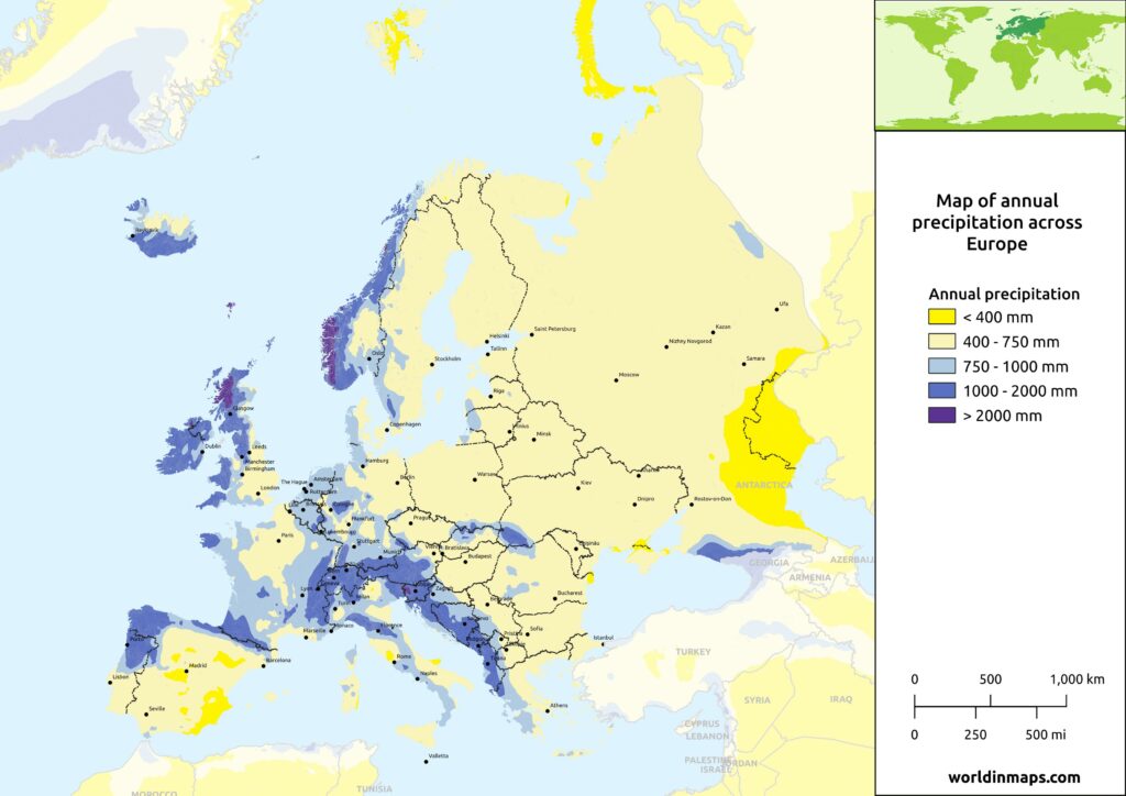 Map of annual rainfall across Europe