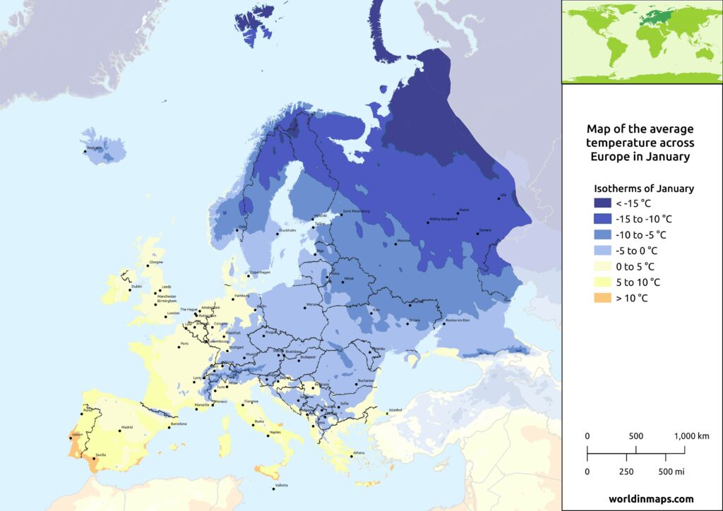 Map of the average temperature across Europe in January