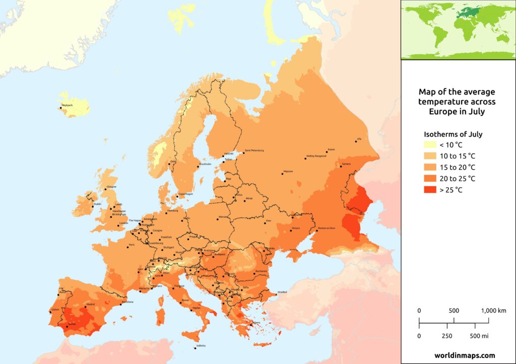 Map of the average temperature across Europe in July